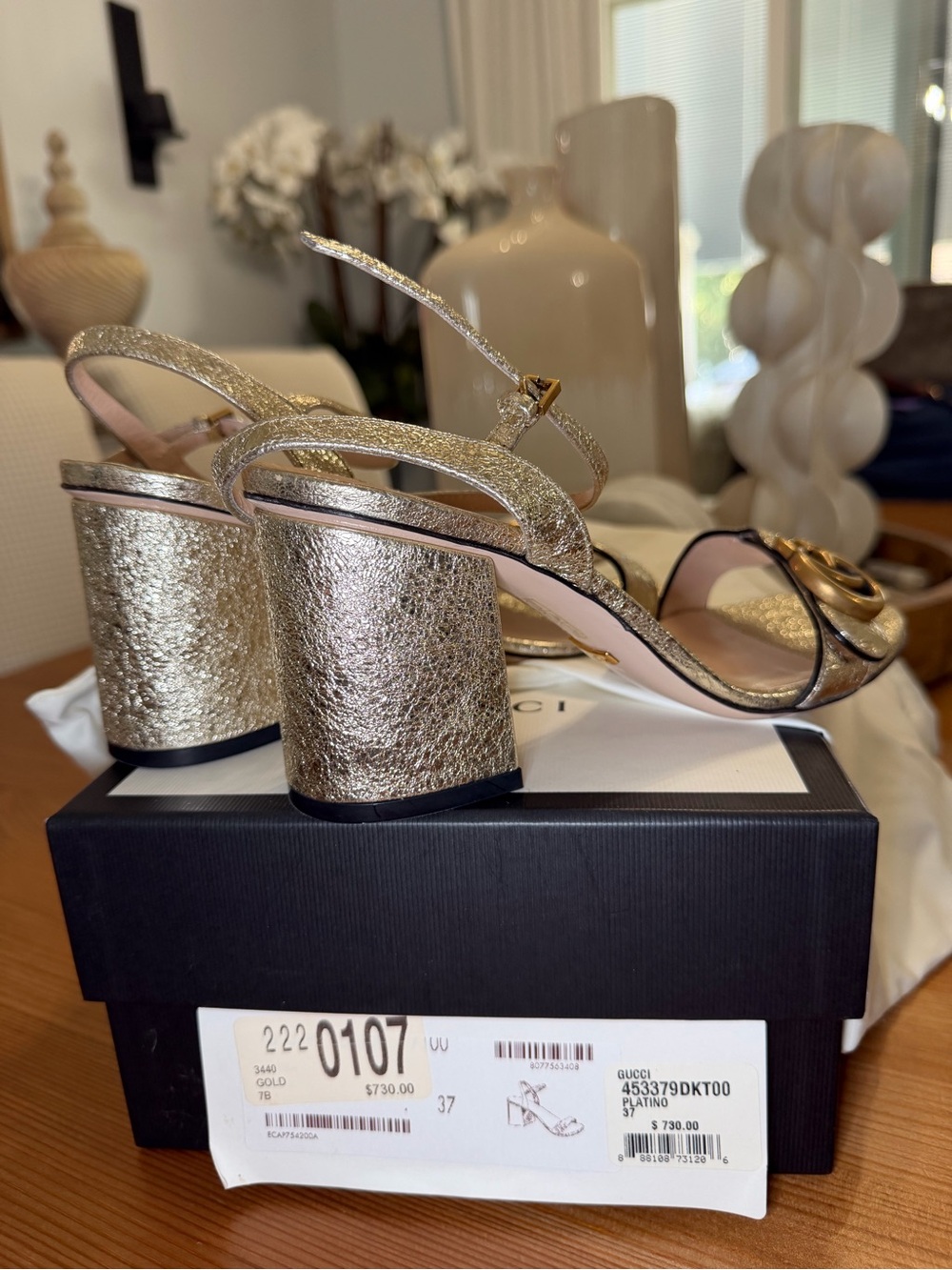 Gucci Gold Metallic Leather GG Logo Ankle-Strap Heels with Pink Insole - Picture 5 of 5